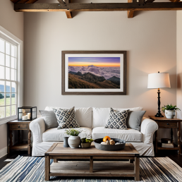 An Art Wall Room Mockup generated with AI for Print On Demand Seller. The mockup features a Farmhouse Style Living Room with a framed photography print of the sunrise over Rinjani clouds on the wall