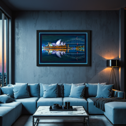 An Art Wall Room Mockup generated with AI for Print On Demand Seller. The mockup features a Cyberpunk Style Living Room with a framed photography print of the vivid Sydney Opera and its reflection in the water at night on the wall