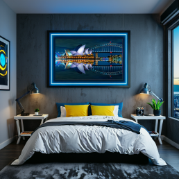 An Art Wall Room Mockup generated with AI for Print On Demand Seller. The mockup features a Cyberpunk Style Kids Bedroom with a framed photography print of the vivid Sydney Opera and its reflection in the water at night on the wall