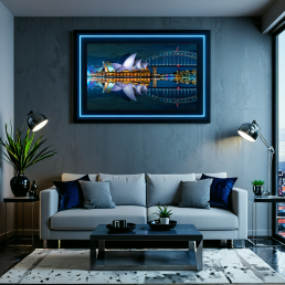 An Art Wall Room Mockup generated with AI for Print On Demand Seller. The mockup features a Cyberpunk Style Living Room with a framed photography print of the vivid Sydney Opera and its reflection in the water at night on the wall