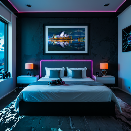 An Art Wall Room Mockup generated with AI for Print On Demand Seller. The mockup features a Cyberpunk Style Kids Bedroom with a framed photography print of the vivid Sydney Opera and its reflection in the water at night on the wall
