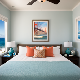 An Art Wall Room Mockup generated with AI for Print On Demand Seller. The mockup features a Coastal Style Bedroom with a framed photography print of the Golden Gate Bridge with some surfer under a rainbow on the wall