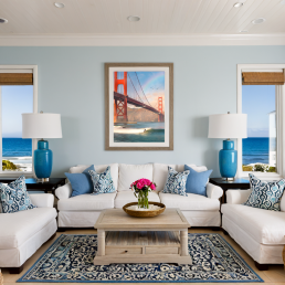 An Art Wall Room Mockup generated with AI for Print On Demand Seller. The mockup features a Coastal Style Living Room with a framed photography print of the Golden Gate Bridge with some surfer under a rainbow on the wall