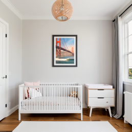 An Art Wall Room Mockup generated with AI for Print On Demand Seller. The mockup features a Modern & Minimalist Style Nursery Room with a framed photography print of the Golden Gate Bridge with some surfer under a rainbow on the wall