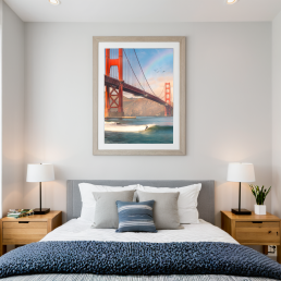 An Art Wall Room Mockup generated with AI for Print On Demand Seller. The mockup features a Modern & Minimalist Style Kids Bedroom with a framed photography print of the Golden Gate Bridge with some surfer under a rainbow on the wall