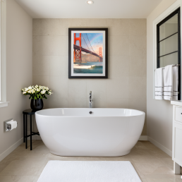 An Art Wall Room Mockup generated with AI for Print On Demand Seller. The mockup features a Modern & Minimalist Style Bathroom with a framed photography print of the Golden Gate Bridge with some surfer under a rainbow on the wall