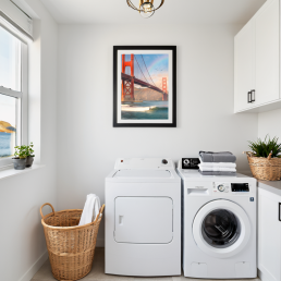 An Art Wall Room Mockup generated with AI for Print On Demand Seller. The mockup features a Scandinavian Style Laundry Room with a framed photography print of the Golden Gate Bridge with some surfer under a rainbow on the wall