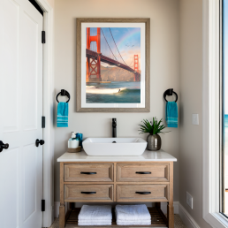 An Art Wall Room Mockup generated with AI for Print On Demand Seller. The mockup features a Coastal Style Bathroom with a framed photography print of the Golden Gate Bridge with some surfer under a rainbow on the wall