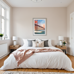 An Art Wall Room Mockup generated with AI for Print On Demand Seller. The mockup features a Scandinavian Style Bedroom with a framed photography print of the Golden Gate Bridge with some surfer under a rainbow on the wall