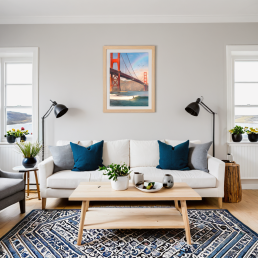 An Art Wall Room Mockup generated with AI for Print On Demand Seller. The mockup features a Scandinavian Style Living room with a framed photography print of the Golden Gate Bridge with some surfer under a rainbow on the wall