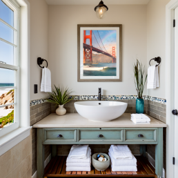 An Art Wall Room Mockup generated with AI for Print On Demand Seller. The mockup features a Coastal Style Bathroom with a framed photography print of the Golden Gate Bridge with some surfer under a rainbow on the wall
