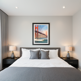 An Art Wall Room Mockup generated with AI for Print On Demand Seller. The mockup features a Modern & Minimalist Style Bedroom with a framed photography print of the Golden Gate Bridge with some surfer under a rainbow on the wall