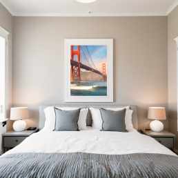 An Art Wall Room Mockup generated with AI for Print On Demand Seller. The mockup features a Scandinavian Style Bedroom with a framed photography print of the Golden Gate Bridge with some surfer under a rainbow on the wall