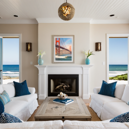 An Art Wall Room Mockup generated with AI for Print On Demand Seller. The mockup features a Coastal Style Living Room with a framed photography print of the Golden Gate Bridge with some surfer under a rainbow on the wall