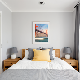 An Art Wall Room Mockup generated with AI for Print On Demand Seller. The mockup features a Scandinavian Style Kids Bedroom with a framed photography print of the Golden Gate Bridge with some surfer under a rainbow on the wall