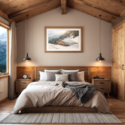 An Art Wall Room Mockup generated with AI for Print On Demand Seller. The mockup features a Mountain Chalet Style Bedroom with a framed photography print of snowy mountain chalet hanged on the wall
