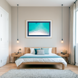 An Art Wall Room Mockup generated with AI for Print On Demand Seller. The mockup features a Coastal Style Bedroom with a framed photography print of a beautiful tropical beach from the sky hanged on the wall