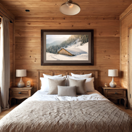 An Art Wall Room Mockup generated with AI for Print On Demand Seller. The mockup features a Mountain Chalet Style Bedroom with a framed photography print of snowy mountain chalet hanged on the wall