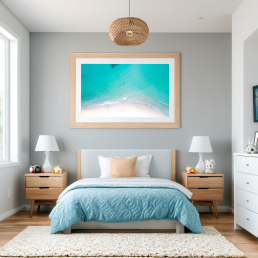 An Art Wall Room Mockup generated with AI for Print On Demand Seller. The mockup features a Coastal Style Kids Bedroom with a framed photography print of a beautiful tropical beach from the sky hanged on the wall