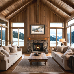 An Art Wall Room Mockup generated with AI for Print On Demand Seller. The mockup features a Mountain Chalet Style Living room with a framed photography print of snowy mountain chalet hanged on the wall
