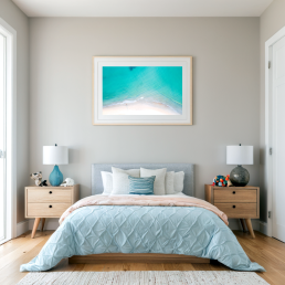 An Art Wall Room Mockup generated with AI for Print On Demand Seller. The mockup features a Coastal Style Kids Bedroom with a framed photography print of a beautiful tropical beach from the sky hanged on the wall