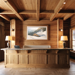 An Art Wall Room Mockup generated with AI for Print On Demand Seller. The mockup features a Mountain Chalet Style Hotel Reception Desk with a framed photography print of snowy mountain chalet hanged on the wall