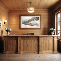 An Art Wall Room Mockup generated with AI for Print On Demand Seller. The mockup features a Mountain Chalet Style Hotel Reception Desk with a framed photography print of snowy mountain chalet hanged on the wall
