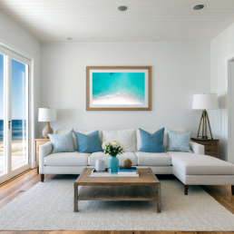 An Art Wall Room Mockup generated with AI for Print On Demand Seller. The mockup features a Coastal Style Living room with a framed photography print of a beautiful tropical beach from the sky hanged on the wall