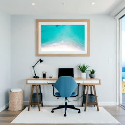 An Art Wall Room Mockup generated with AI for Print On Demand Seller. The mockup features a Coastal Style Home Office Room with a framed photography print of a beautiful tropical beach from the sky hanged on the wall
