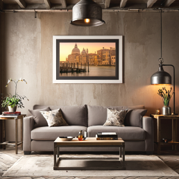 An Art Wall Room Mockup generated with AI for Print On Demand Seller. The mockup features a Industrial Style Living Room with a framed photography print of the Venice Grand Canal and the Basilica Santa Maria della Salute at sunrise on the wall