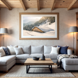 An Art Wall Room Mockup generated with AI for Print On Demand Seller. The mockup features a Mountain Chalet Style Living room with a framed photography print of snowy mountain chalet hanged on the wall