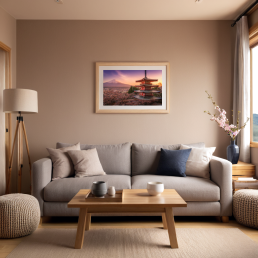 An Art Wall Room Mockup generated with AI for Print On Demand Seller. The mockup features a Japandi Style Living Room with a framed photography print of the Chureito Pagoda and Mount Fuji at sunset during Sakura hanged on the wall