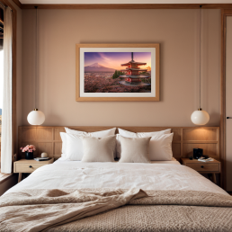 An Art Wall Room Mockup generated with AI for Print On Demand Seller. The mockup features a Japandi Style Bedroom with a framed photography print of the Chureito Pagoda and Mount Fuji at sunset during Sakura hanged on the wall