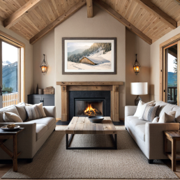 An Art Wall Room Mockup generated with AI for Print On Demand Seller. The mockup features a Mountain Chalet Style Living room with a framed photography print of snowy mountain chalet hanged on the wall