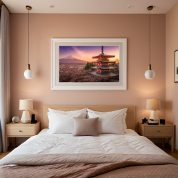 An Art Wall Room Mockup generated with AI for Print On Demand Seller. The mockup features a Japandi Style Bedroom with a framed photography print of the Chureito Pagoda and Mount Fuji at sunset during Sakura hanged on the wall