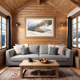 An Art Wall Room Mockup generated with AI for Print On Demand Seller. The mockup features a Mountain Chalet Style Living room with a framed photography print of snowy mountain chalet hanged on the wall