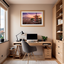 An Art Wall Room Mockup generated with AI for Print On Demand Seller. The mockup features a Japandi Style Home office room with a framed photography print of the Chureito Pagoda and Mount Fuji at sunset during Sakura hanged on the wall