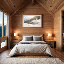 An Art Wall Room Mockup generated with AI for Print On Demand Seller. The mockup features a Mountain Chalet Style Bedroom with a framed photography print of snowy mountain chalet hanged on the wall