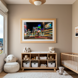 An Art Wall Room Mockup generated with AI for Print On Demand Seller. The mockup features a Japandi Style Nursery room with a framed photography print of the Tokyo Shibuya crossing at night hanged on the wall