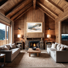An Art Wall Room Mockup generated with AI for Print On Demand Seller. The mockup features a Mountain Chalet Style Living room with a framed photography print of snowy mountain chalet hanged on the wall