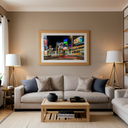 An Art Wall Room Mockup generated with AI for Print On Demand Seller. The mockup features a Japandi Style Living room with a framed photography print of the Tokyo Shibuya crossing at night hanged on the wall