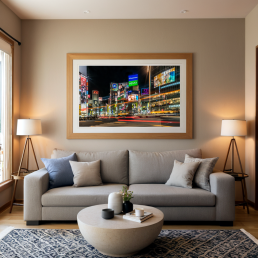 An Art Wall Room Mockup generated with AI for Print On Demand Seller. The mockup features a Japandi Style Living room with a framed photography print of the Tokyo Shibuya crossing at night hanged on the wall