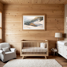 An Art Wall Room Mockup generated with AI for Print On Demand Seller. The mockup features a Mountain Chalet Style Nursery Room with a framed photography print of snowy mountain chalet hanged on the wall
