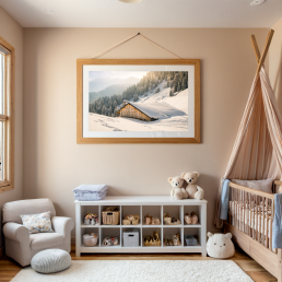 An Art Wall Room Mockup generated with AI for Print On Demand Seller. The mockup features a Mountain Chalet Style Nursery Room with a framed photography print of snowy mountain chalet hanged on the wall