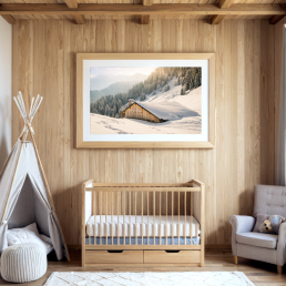 An Art Wall Room Mockup generated with AI for Print On Demand Seller. The mockup features a Mountain Chalet Style Nursery Room with a framed photography print of snowy mountain chalet hanged on the wall