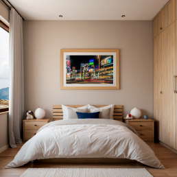An Art Wall Room Mockup generated with AI for Print On Demand Seller. The mockup features a Japandi Style Bedroom with a framed photography print of the Tokyo Shibuya crossing at night hanged on the wall
