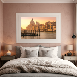 An Art Wall Room Mockup generated with AI for Print On Demand Seller. The mockup features a Modern & Minimalist Style Bedroom with a framed photography print of the Venice Grand Canal and the Basilica Santa Maria della Salute at sunrise on the wall