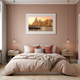 An Art Wall Room Mockup generated with AI for Print On Demand Seller. The mockup features a Modern & Minimalist Style Bedroom with a framed photography print of the Venice Grand Canal and the Basilica Santa Maria della Salute at sunrise on the wall
