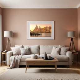 An Art Wall Room Mockup generated with AI for Print On Demand Seller. The mockup features a Modern & Minimalist Style Living Room with a framed photography print of the Venice Grand Canal and the Basilica Santa Maria della Salute at sunrise on the wall