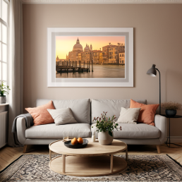 An Art Wall Room Mockup generated with AI for Print On Demand Seller. The mockup features a Modern & Minimalist Style Living Room with a framed photography print of the Venice Grand Canal and the Basilica Santa Maria della Salute at sunrise on the wall